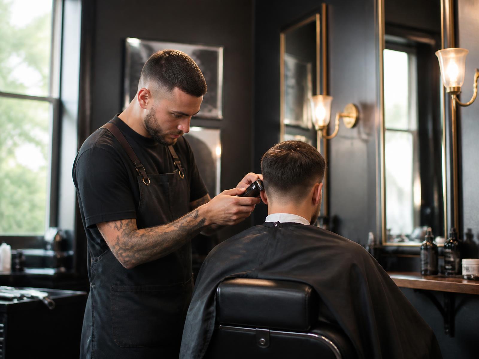 Barber cutting a client's hair at Heritage Barber Co.
